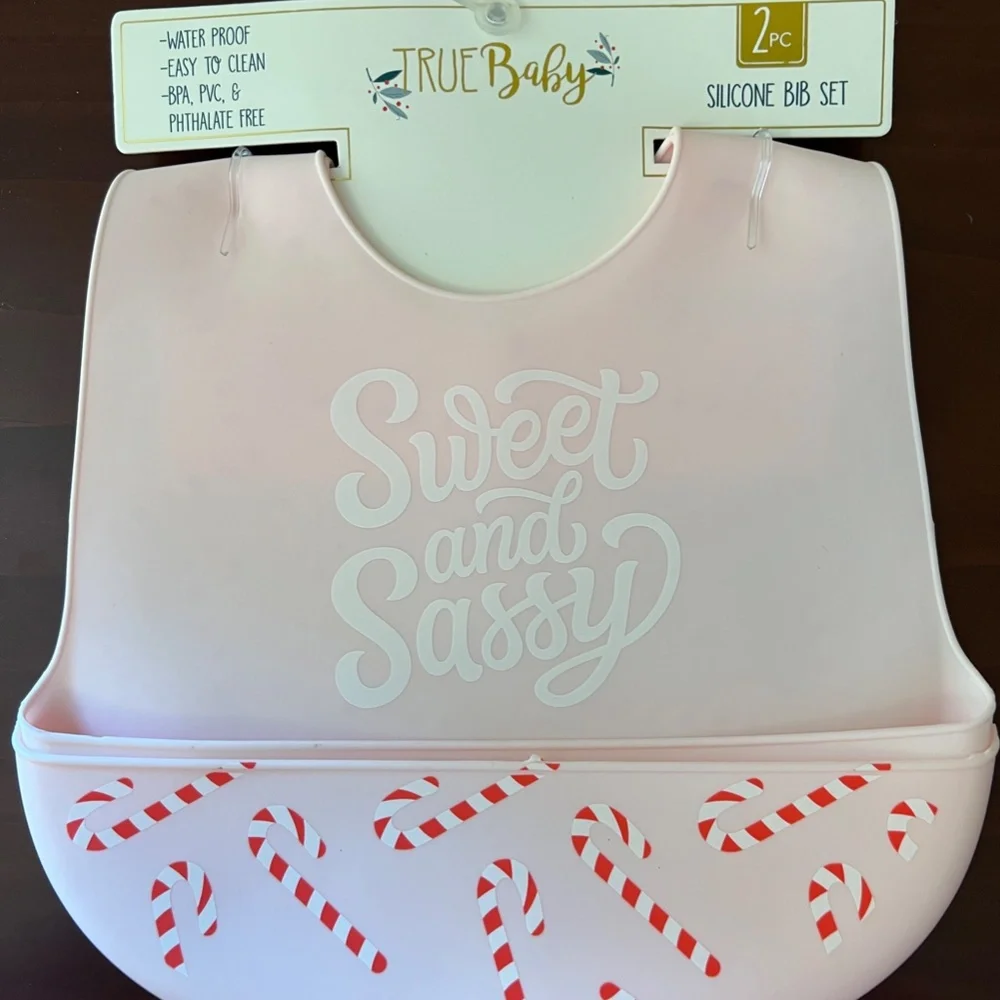NWT Two Bibs - Sweet and Sassy Candy Cane Silicone Bib Set